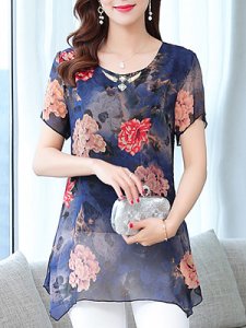 Berrylook Round Neck Printed Chiffon Short Sleeve Blouse shop, online sale, button up shirts for women, tops for women