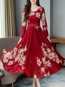 Berrylook Round Neck Printed Long Dress online shopping sites, sale, long formal dresses, a line dress