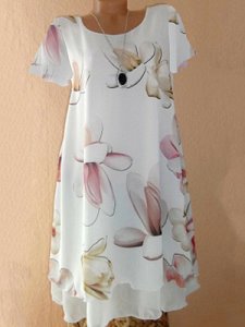 Berrylook Round Neck Printed Shift Dress clothing stores, online stores, Floral Shift Dresses, below the knee dresses, long white dress