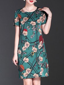 Berrylook Round Neck Printed Shift Dress online sale, fashion store, tea dress, linen dress