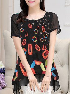 Berrylook Round Neck Printed Short-Sleeved Blouse clothes shopping near me, shop, white shirt womens, cute tops
