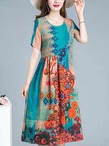 Berrylook Round Neck Short Sleeve Printed Shift Dress online sale, online, semi formal dresses, a line dress