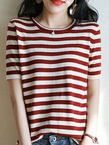 Berrylook Round Neck Striped Short Sleeve Knit Pullover shop, online, cable knit sweater, long sweaters
