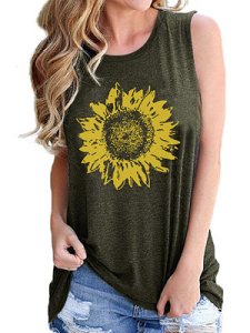 Berrylook Round Neck Sunflower Print Sleeveless T-shirt online stores, online shop,