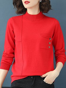 Berrylook Short High Collar Elegant Pocket Long Sleeve Knit Pullover sweater online shopping sites, fashion store, Solid Pullover, cashmere sweater, white cardigan