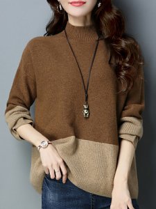 Berrylook Short High Collar Patchwork Elegant Color Block Long Sleeve Knit Pullover online sale, sale, sweaters, cardigan sweaters for women