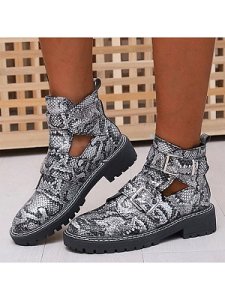 Berrylook Snake print flat-heel round toe lace-up Martin boots online shop, stores and shops,