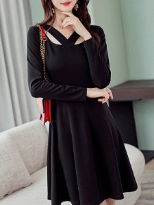 Berrylook Solid Color Long Sleeve Round Neck Dress clothes shopping near me, online stores, shift dress, black sequin dress