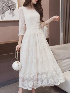 Berrylook Solid Hollow Out Lace Maxi Dress clothes shopping near me, sale, Flared Maxi Dresses, petite dresses, long white dress