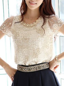 Berrylook Spring Summer Lace Women Round Neck Decorative Lace Lace Short Sleeve Blouses online sale, shoping, work blouses, womens shirts