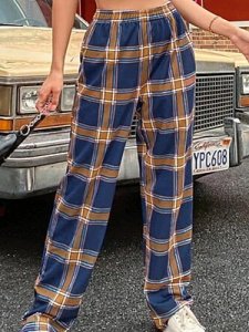 Berrylook Straight loose high waist plaid fashion casual trousers online, stores and shops, Grid Casual Pants,