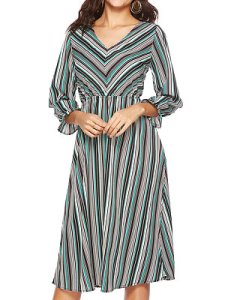 Berrylook Striped Print V-neck Dress clothing stores, stores and shops, flare dress, long sleeve fit and flare dress