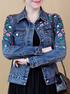 Berrylook Stylish fold-over collar embroidered long sleeve pocket denim jacket stores and shops, fashion store, embroidery Jackets, peacoat women, jackets for women