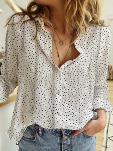 Berrylook Turn Down Collar Dot Long Sleeve Blouse shop, online stores, Wave Blouses, cute tops, shirts for women