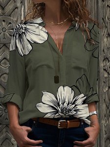 Berrylook Turn Down Collar Floral Print Long Sleeve Blouse online sale, shoppers stop, printing Blouses, summer tops for women, white shirt womens