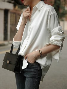Berrylook Turn Down Collar Plain Long Sleeve Blouse clothes shopping near me, online, cute tops for women, dressy tops