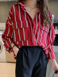 Berrylook Turn Down Collar Striped Long Sleeve Blouse online, online sale, tunic tops for women, red blouse