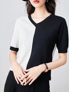 Berrylook V Neck Color Block Short Sleeve Knit Pullover shoping, sale, wool sweater, cardigans for women