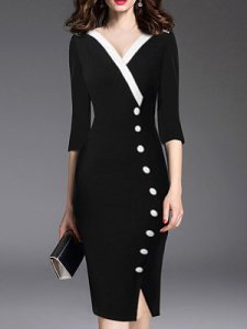 Berrylook V-Neck Double Breasted Plain Decorative buttons Bodycon Dress shoping, fashion store, 3 Bodycon Dresses, black dress, black long sleeve bodycon dress
