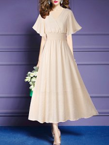 Berrylook V Neck Elastic Waist Plain Maxi Dress online shopping sites, shop, Fitted Maxi Dresses, long sleeve maxi dress, a line dress