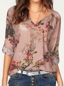 Berrylook V Neck Floral Print Roll-Up Sleeve Long Sleeve Blouse shop, stores and shops, printing Blouses, cute tops, peasant blouse