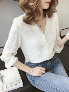 Berrylook V-Neck Lace Long-Sleeved Blouses online shop, shop, white shirt womens, black top