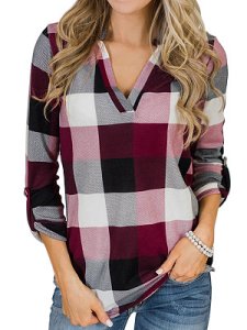 Berrylook V Neck Loose Fitting Checkered Blouses online shopping sites, sale, silk blouse, lace top