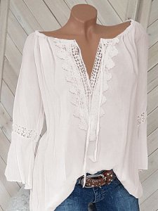 Berrylook V Neck Loose Fitting Patchwork Lace Plain Blouses online shopping sites, online, tops for women, going out tops