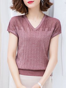 Berrylook V Neck Patchwork Short Sleeve Knit Pullover online sale, shoping, white cardigan, cable knit sweater