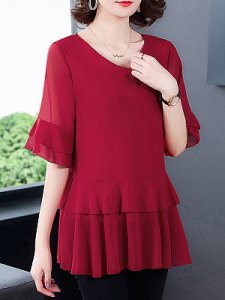 Berrylook V Neck Plain Fake-two-piece Short Sleeve Blouse stores and shops, online shop, cute tops, dressy tops