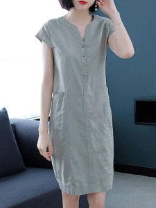 Berrylook V-Neck Plain Shift Dress online shop, online sale, Solid Shift Dresses, petite dresses, linen dress