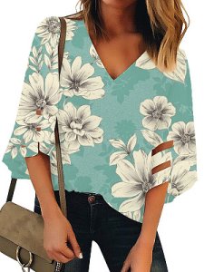 Berrylook V Neck Print Bell Sleeve Blouse online shopping sites, clothes shopping near me, work blouses, white shirt womens