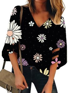 Berrylook V Neck Print Bell Sleeve Blouse shop, online stores, one shoulder tops, summer tops for women