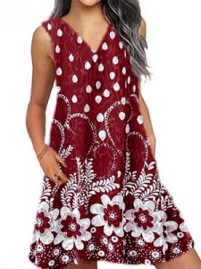 Berrylook V-Neck Printed Shift Dress shoping, online, tea dress, long red dress