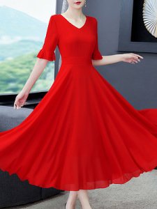 Berrylook V-Neck Solid Color Maxi Dress online, online shop, sweater dress, long red dress