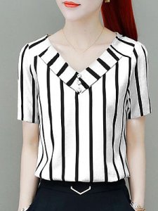 Berrylook V Neck Striped Short Sleeve Blouse shop, online sale, stripe Blouses, tops for women, tunic tops for women