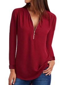 Berrylook V Neck Zipper Plain Blouses online, online shopping sites, plain Blouses, dressy tops, one shoulder tops