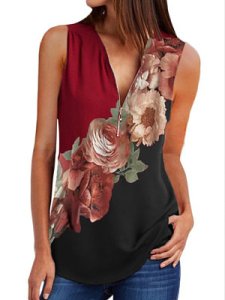 Berrylook V Neck Zips Floral Print Sleeveless Blouse clothes shopping near me, stores and shops, printing Blouses, shirts & tops, button up shirts for women