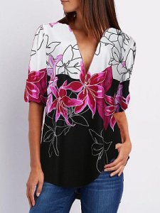 Berrylook V Neck Zips Print Roll-Up Sleeve Long Sleeve Blouse clothing stores, shop, printing Blouses, white top, peasant blouse