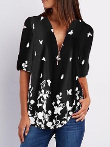 Berrylook V Neck Zips Print Roll-Up Sleeve Long Sleeve Blouse online sale, shoppers stop, printing Blouses, summer tops, red top