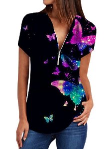 Berrylook V Neck Zips Print Short Sleeve Blouse sale, online shop, printing Blouses, summer tops for women, ruffle blouse