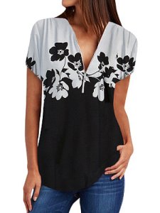 Berrylook V Neck Zips Print Short Sleeve Blouse shoping, clothes shopping near me, printing Blouses, cute tops, going out tops