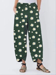 Berrylook Vintage Daisy Printed Split Cotton-linen Cropped Pants online shopping sites, clothes shopping near me,