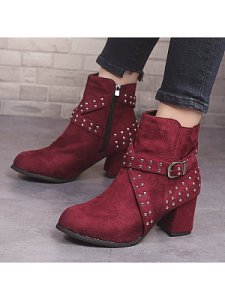 Berrylook Vintage Women Rivet Belt Buckle Thick Heel Boots clothes shopping near me, online, Solid High Heels Boots,