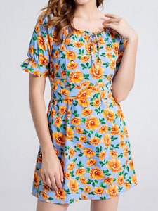Berrylook Waist Short Sleeve Printed Dress clothes shopping near me, online shop, below the knee dresses, long sleeve dress