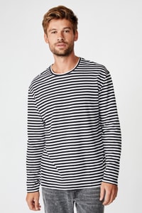 Cotton On Men - Tbar Premium Ls - Black/white 50/50 stripe