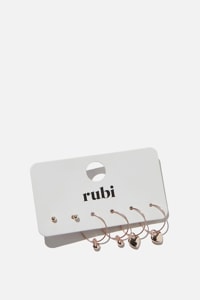 Rubi - Heart And Stone Detail 3Pk Earrings - Rose gold