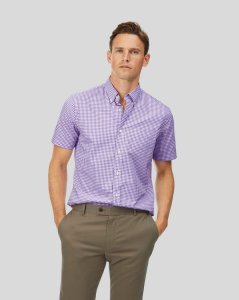 Cotton Button-Down Collar Short Sleeve Soft Washed Stretch Poplin Check Shirt - Lilac