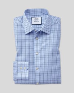 Cotton Classic Collar Non-Iron Poplin Check Shirt - Blue & Sky