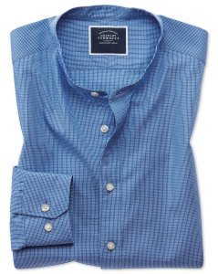 Cotton Collarless Check Shirt - Blue